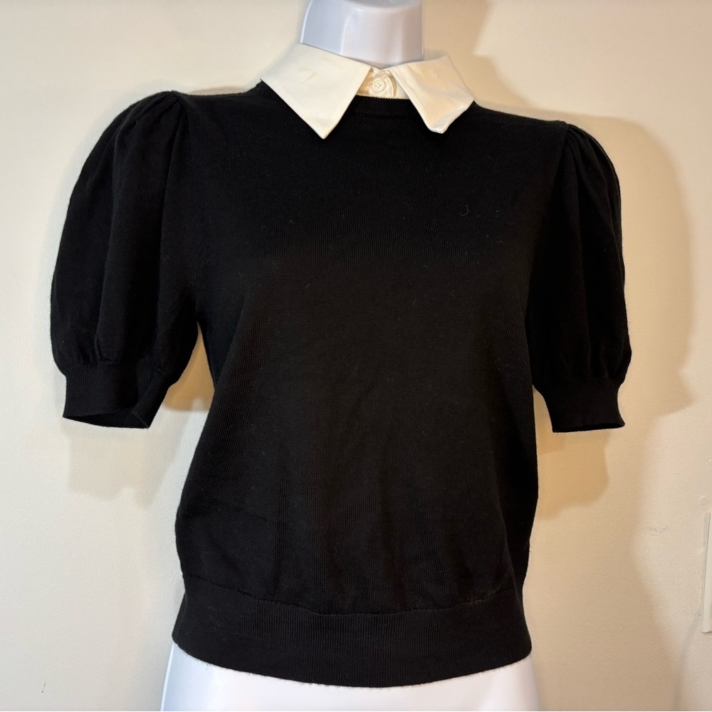Alice + Olivia Black Puff Sleeve Top with White Collar - Picture 8 of 15